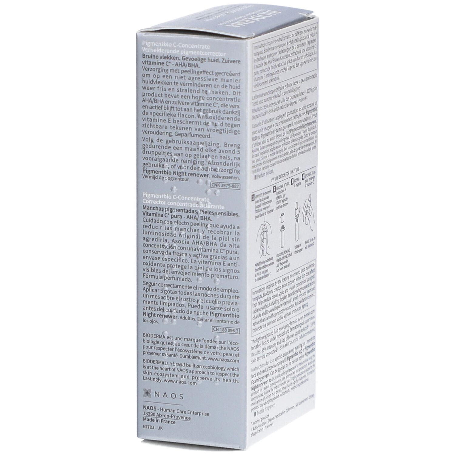 Boîte avec texte multilingue. Informations sur le produit et la marque.