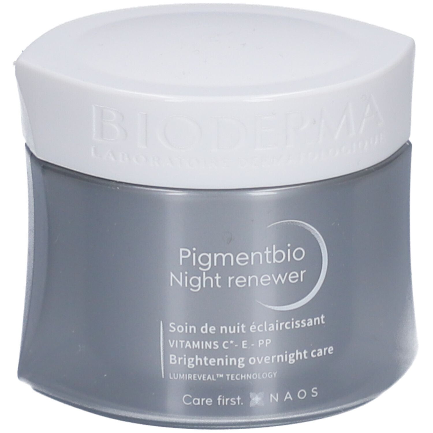 Pot de crème avec couvercle blanc. "Pigmentbio Night renewer" est écrit sur le pot gris.