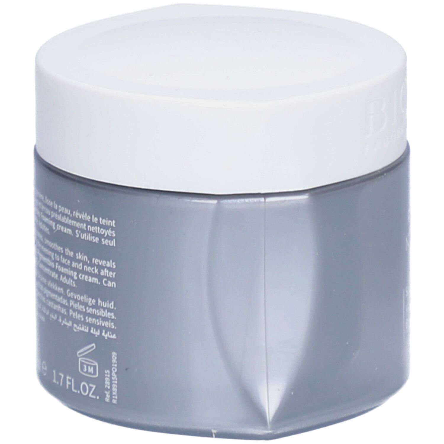 Pot gris avec couvercle blanc. Texte visible sur le pot. 1.7 FL.OZ. et 3M sont visibles.
