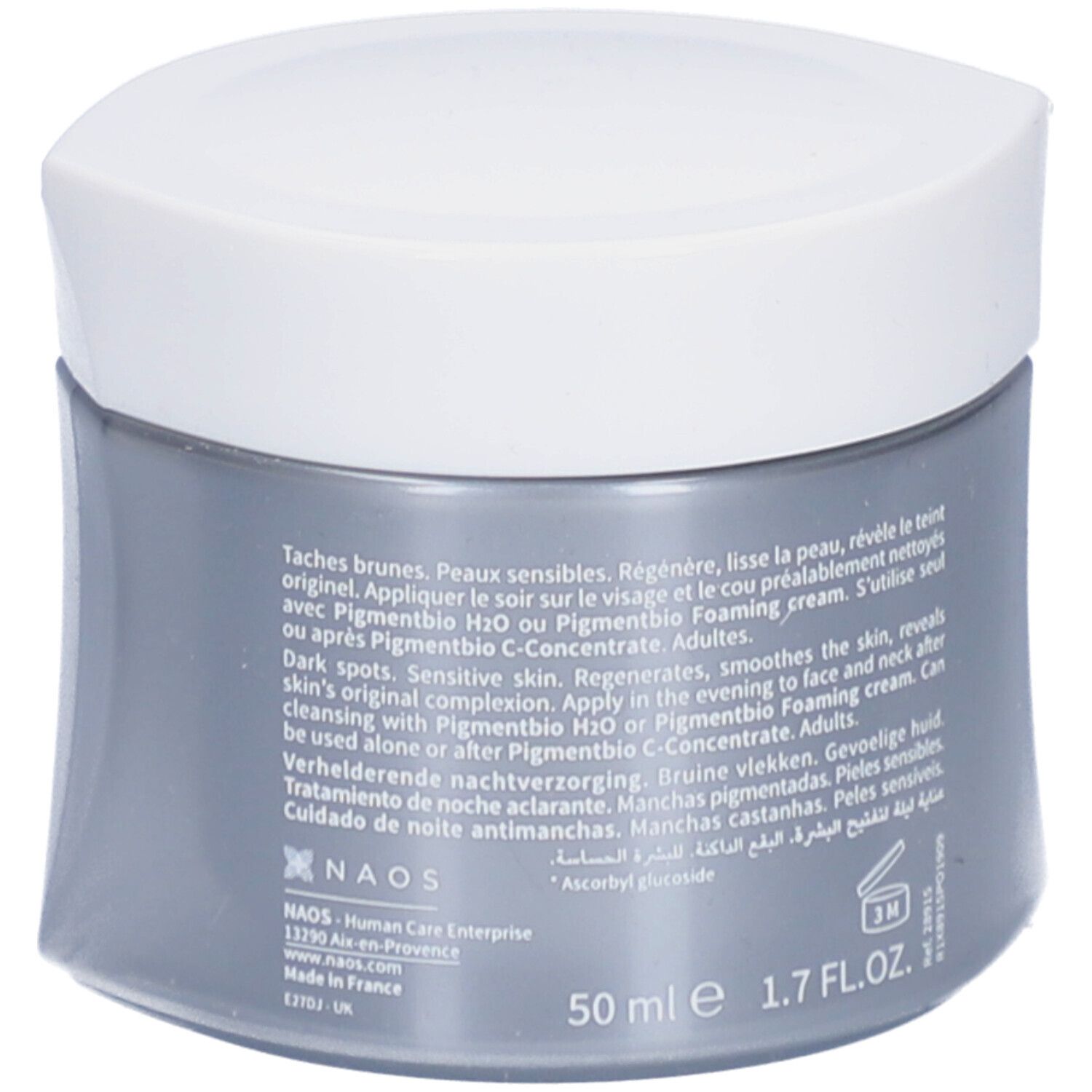 Pot gris avec couvercle blanc. Texte sur le pot. 50 ml e et 1.7 FL.OZ. sont visibles.