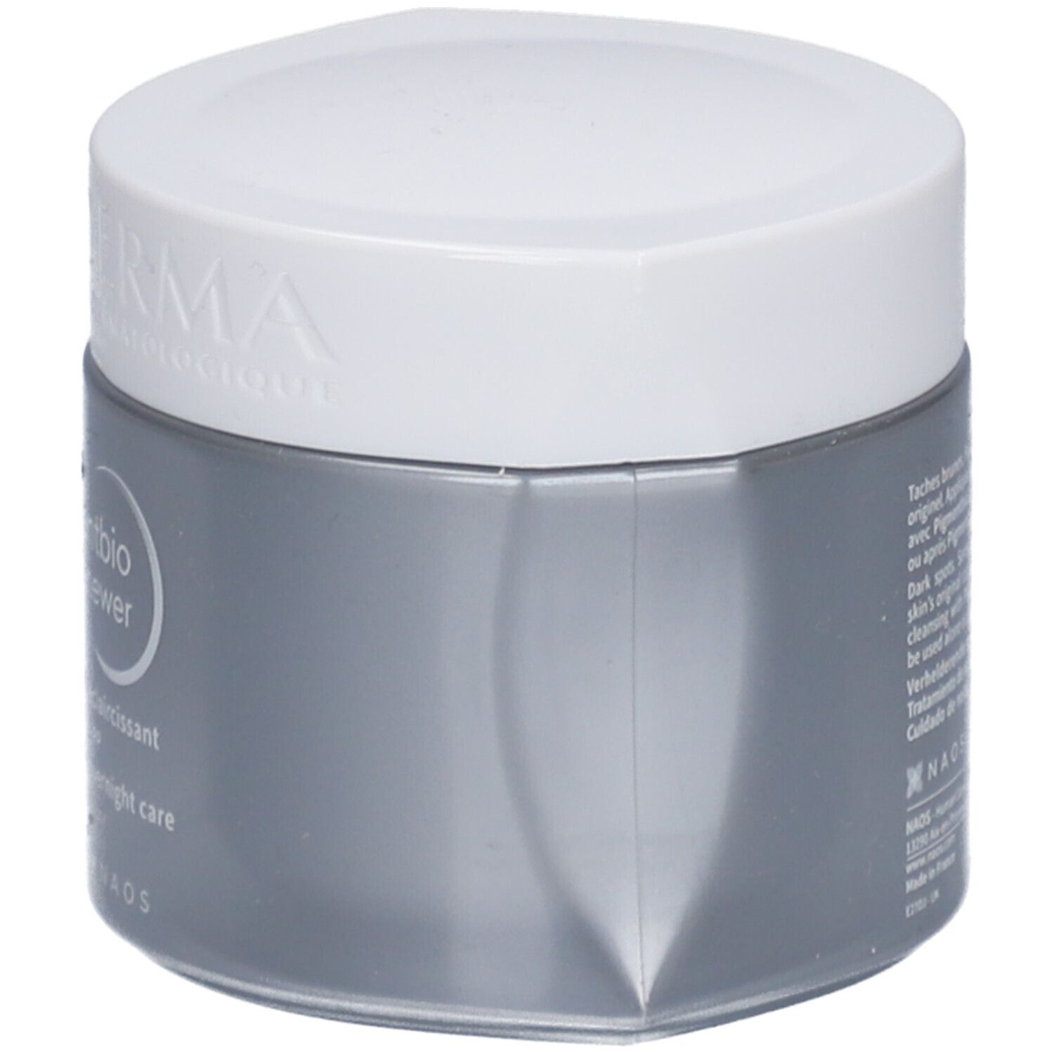 Pot gris avec couvercle blanc. Texte sur le pot. Le pot a une forme arrondie.