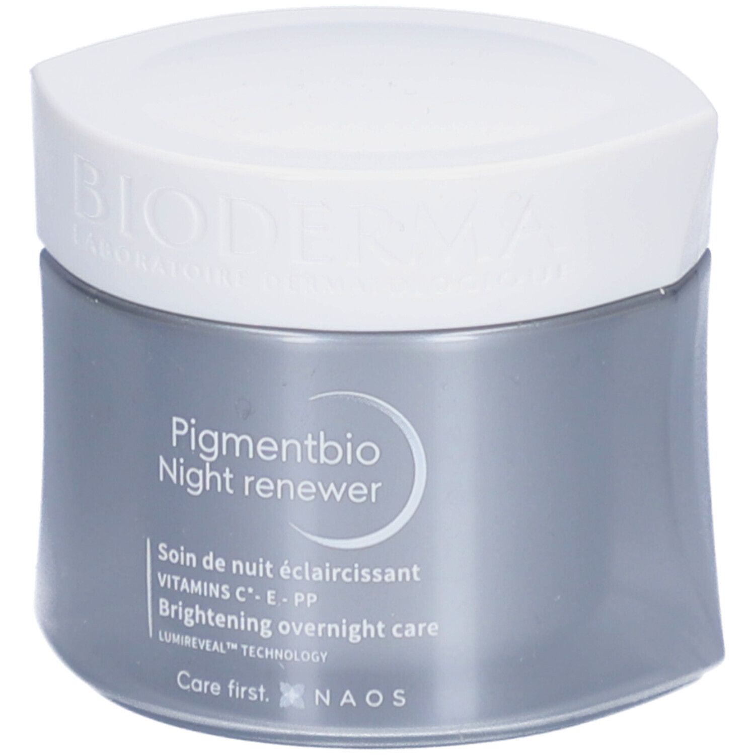 Pot de crème avec couvercle blanc. "Pigmentbio Night renewer" est écrit sur le pot gris.