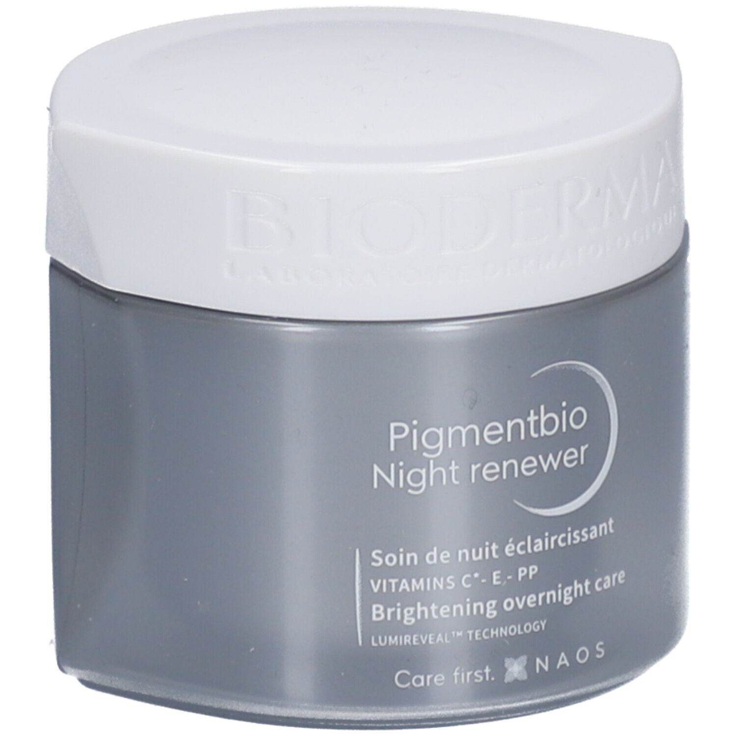 Pot de crème avec couvercle blanc. "Pigmentbio Night renewer" est écrit sur le pot gris.