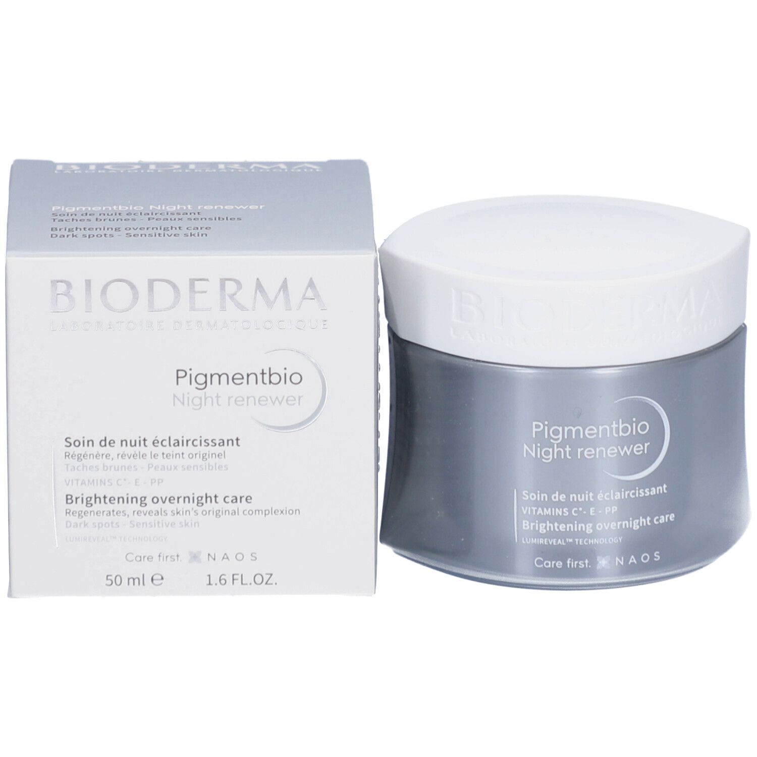 Pot de crème et boîte. "Pigmentbio Night renewer" est écrit sur le pot et la boîte.