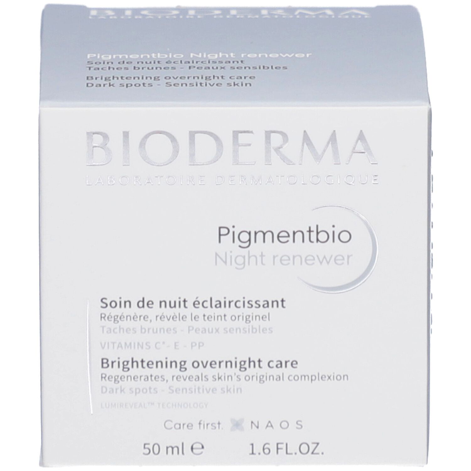 Boîte blanche avec texte. "Pigmentbio Night renewer" est écrit sur la boîte. 50 ml e et 1.6 FL.OZ.