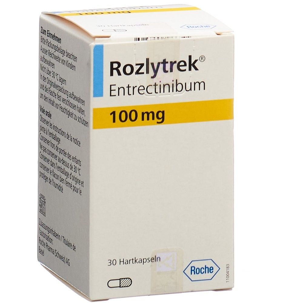 Boîte de ROZLYTREK Kaps 100 mg. Boîte blanche avec bande jaune et nom du produit. Texte : 100 mg, 30 unités.