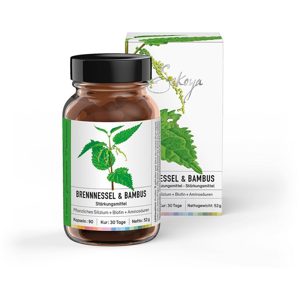 Flacon de gélules marron avec couvercle noir et étiquette. Boîte blanche avec nom et logo du produit.