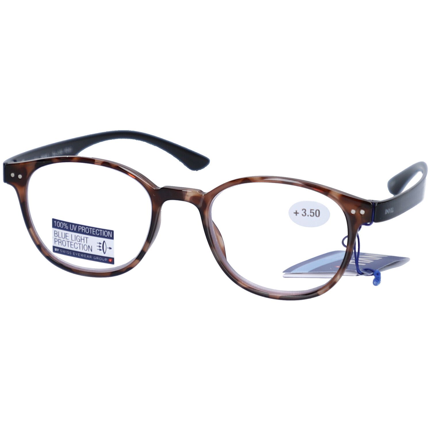 Lunettes marron et noires. Verres avec +3.50. Étiquette "100% UV BLUE LIGHT PROTECTION".