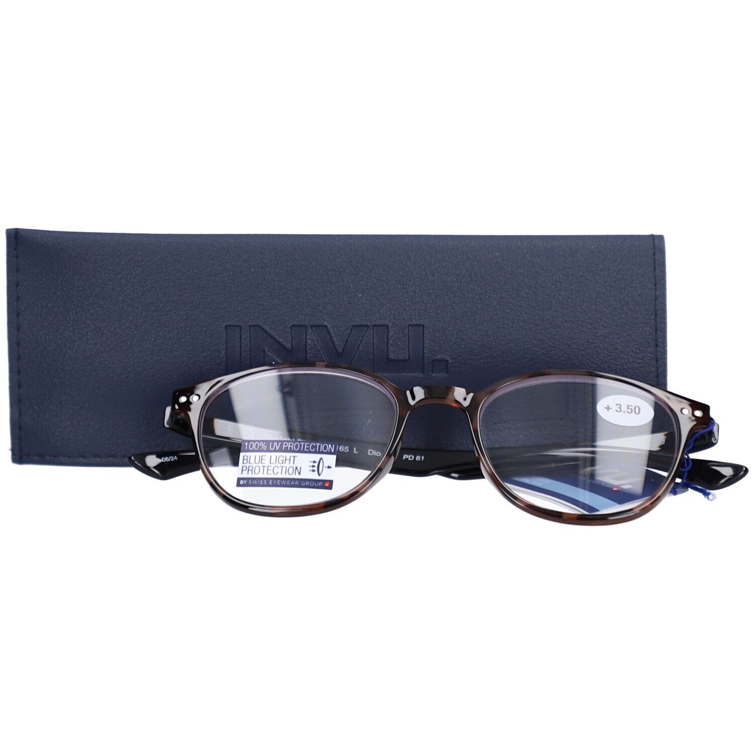 Lunettes marron et noires dans un étui bleu. Verres avec +3.50. Étiquette.