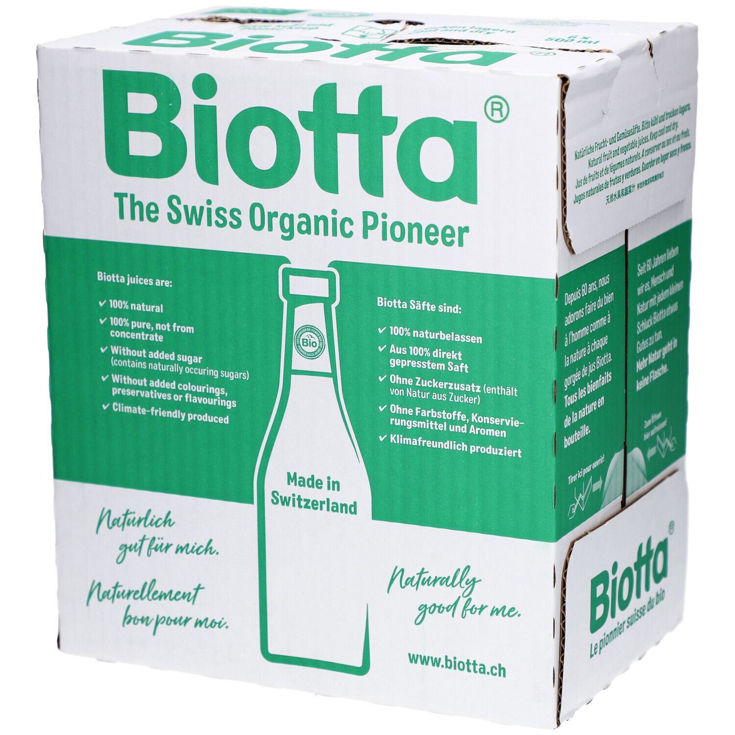 Karton BIOTTA mit grüner Schrift und Flaschenabbildung. Text: "The Swiss Organic Pioneer", "Made in Switzerland".