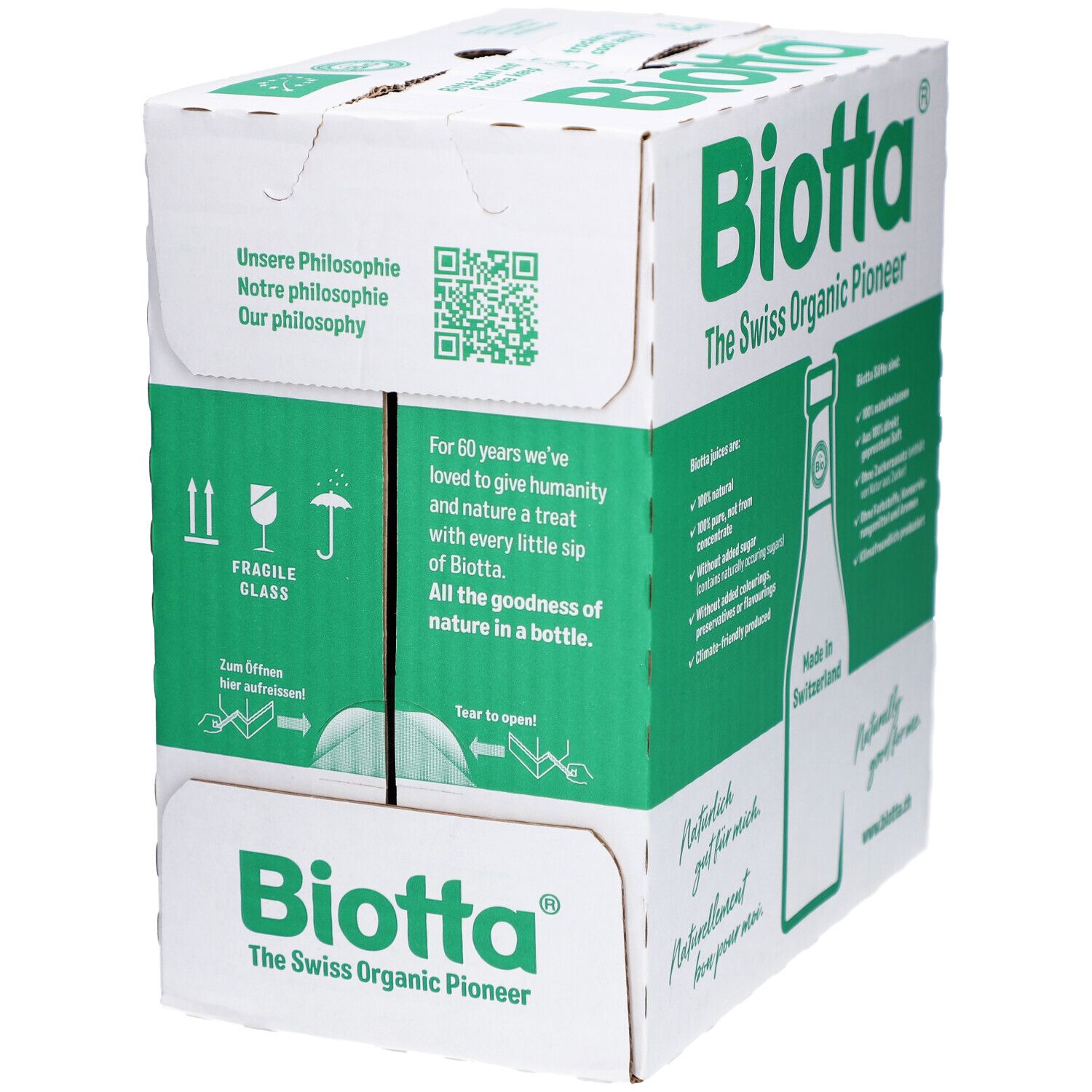 BIOTTA-Karton mit grüner Schrift und QR-Code. Text: "Fragile Glass", "Tear to open".