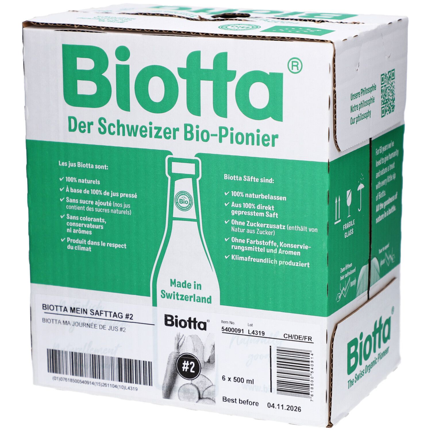 BIOTTA-Karton mit grüner Schrift. Text: "Mein Safttag #2", "6 x 500 ml", "Best before".