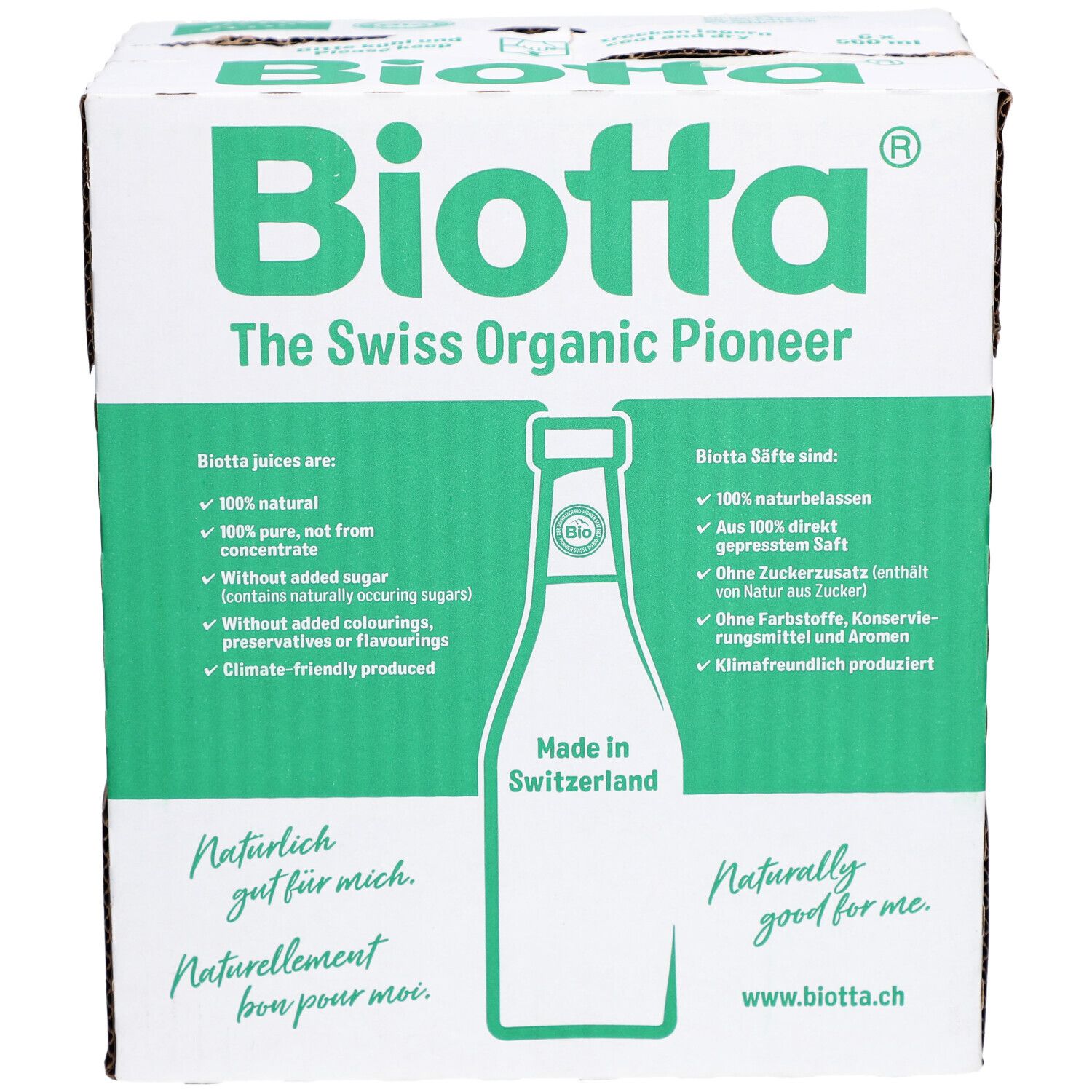 BIOTTA-Karton mit grüner Schrift und Flaschenabbildung. Text: "The Swiss Organic Pioneer", "Made in Switzerland".