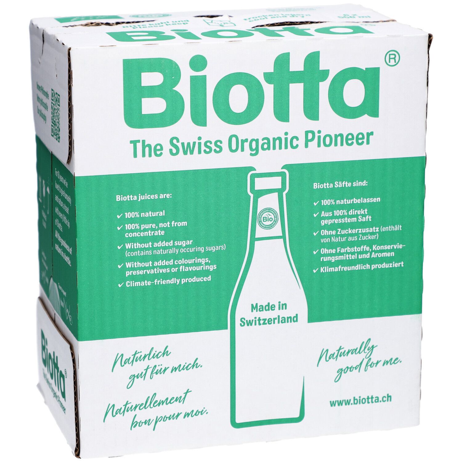 BIOTTA-Karton mit grüner Schrift und Flaschenabbildung. Text: "The Swiss Organic Pioneer", "Made in Switzerland".