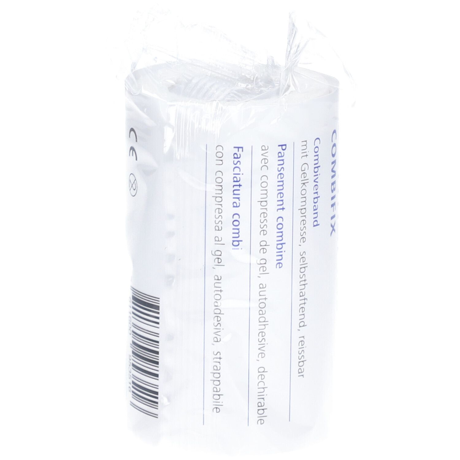 Pansement Dermaplast Combifix. Emballage avec marquage CE. Informations produit multilingues.