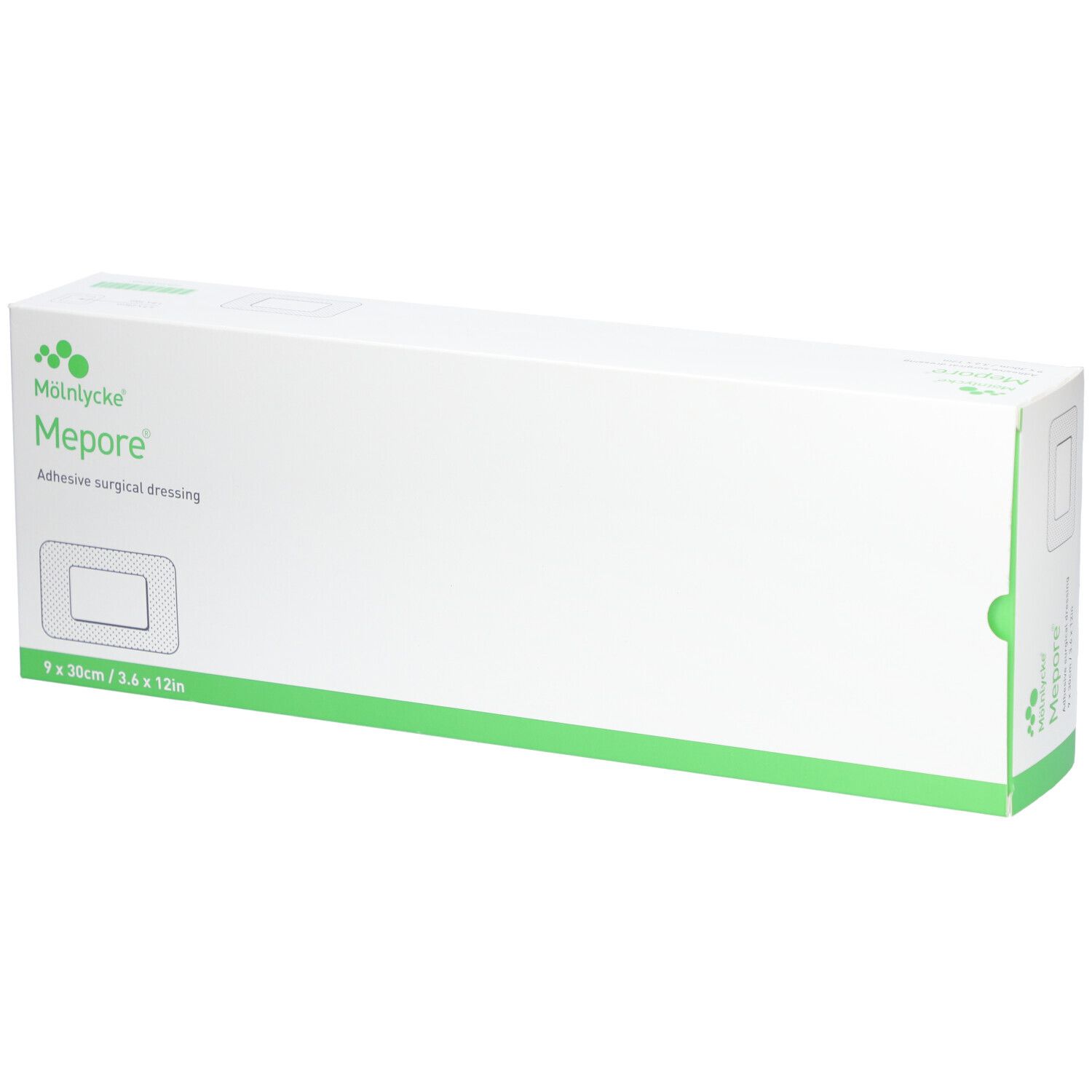 Boîte de pansements Mepore. Blanc et vert. Inscription: Mepore, 9 x 30 cm.