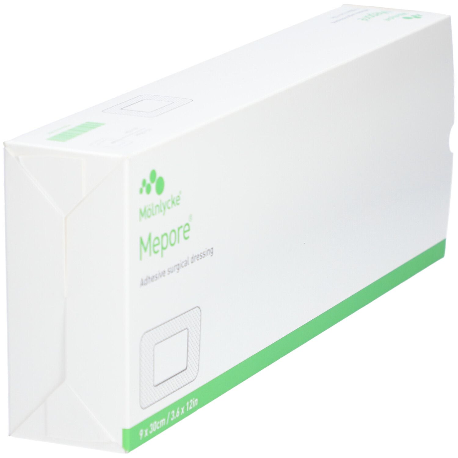 Boîte de pansements Mepore. Blanche et verte. Logo et nom du produit visibles.