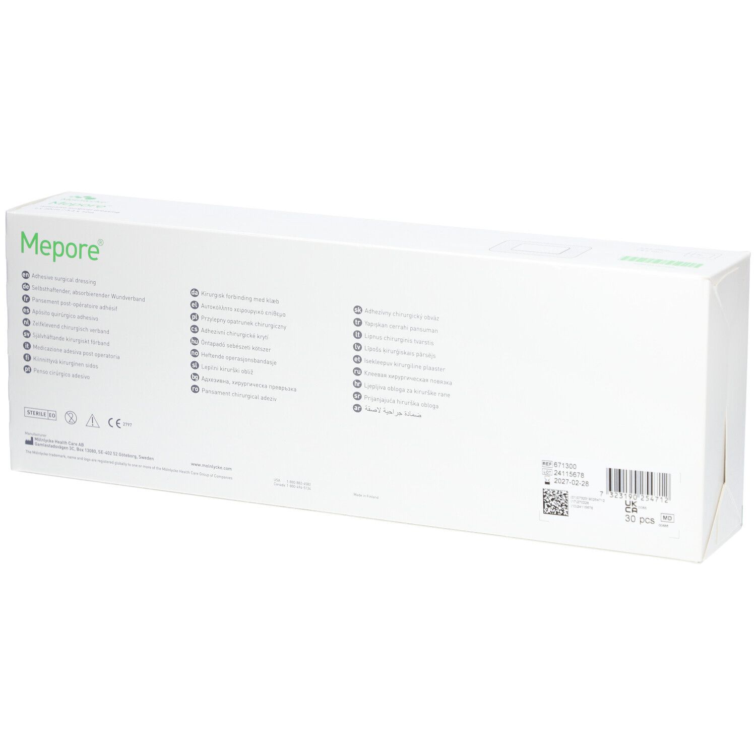 Boîte de pansements Mepore. Arrière avec informations produit et QR code.