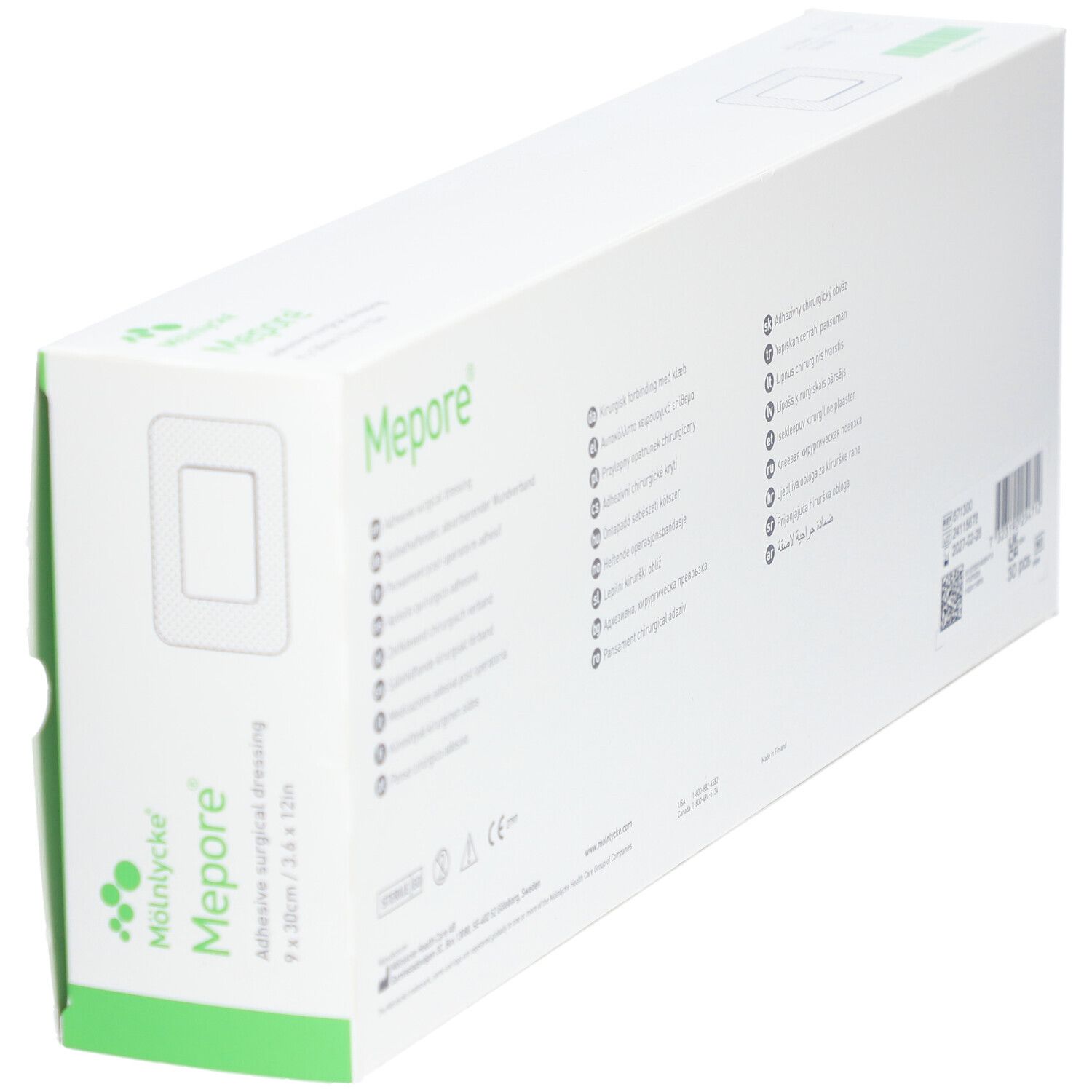 Boîte de pansements Mepore. Côté avec informations et logo.