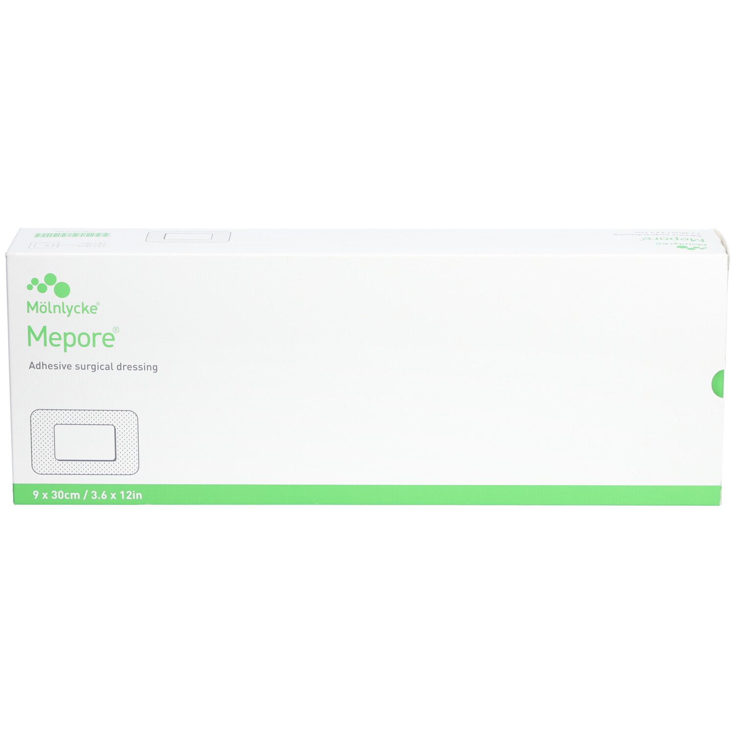 Boîte de pansements Mepore. Blanc et vert. Inscription: Mepore, 9 x 30 cm.