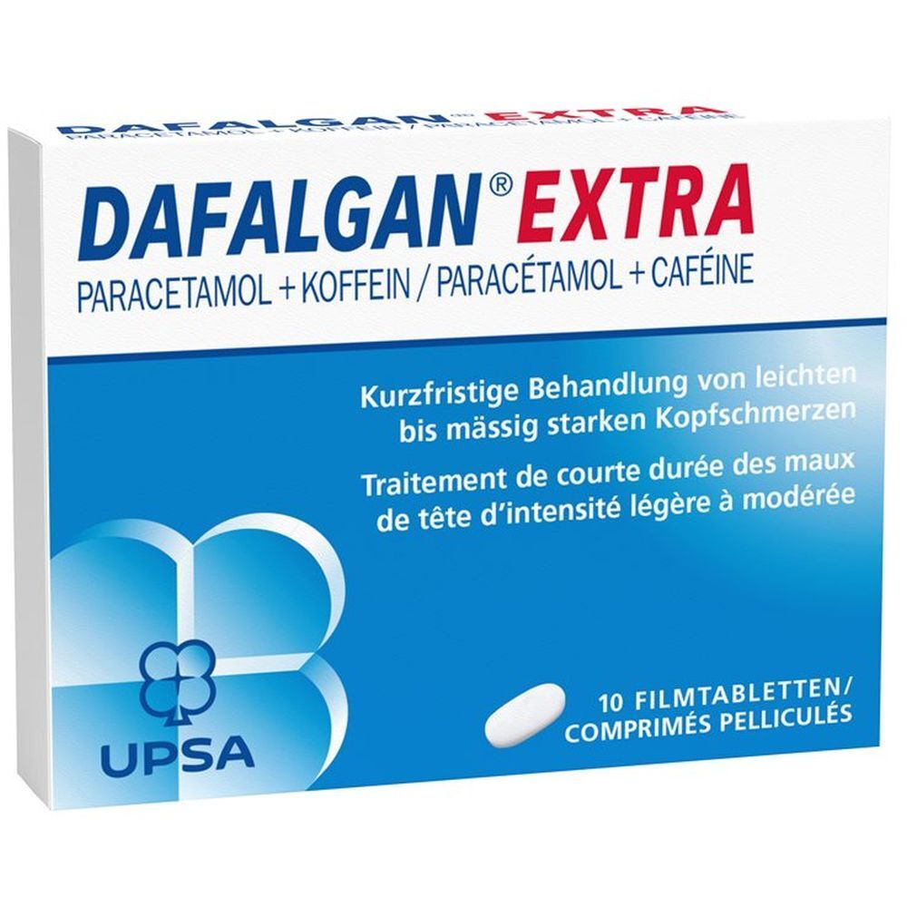 Verpackung von DAFALGAN EXTRA. Blaue und weiße Schachtel mit Produktnamen, Inhaltsstoffen und 10 Filmtabletten.