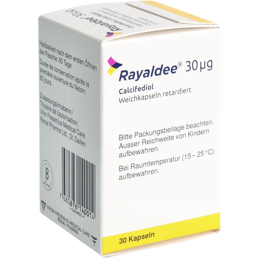 Weißer Karton mit Produktnamen Rayaldee 30µg. Enthält 30 Kapseln. Text in Deutsch. Haltbarkeit nach dem Öffnen: 60 Tage.