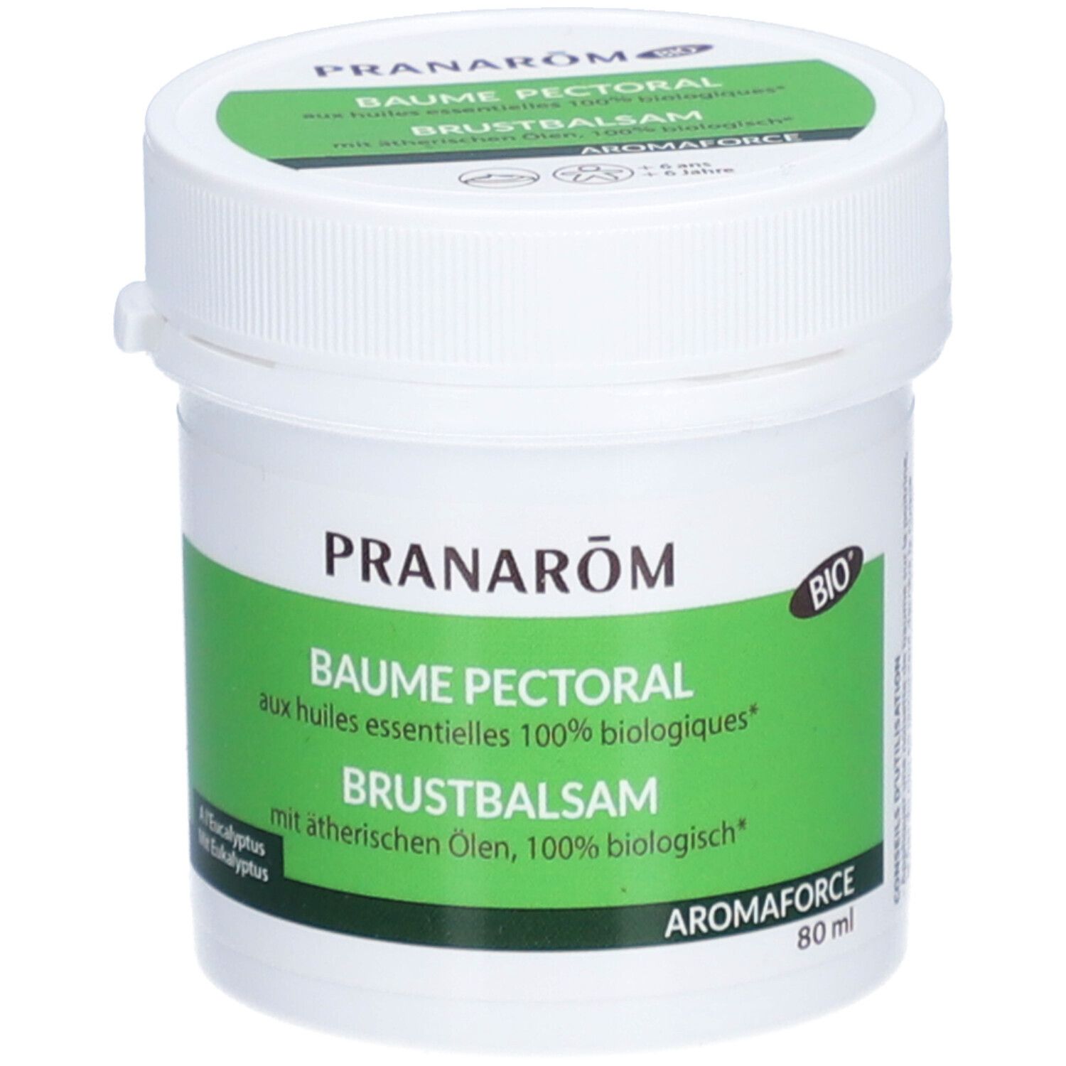 Weißer Tiegel mit grünem Etikett. Aufschrift: PRANAROM, BAUME PECTORAL, BRUSTBALSAM, AROMAFORCE. Deckel mit grünem Streifen.