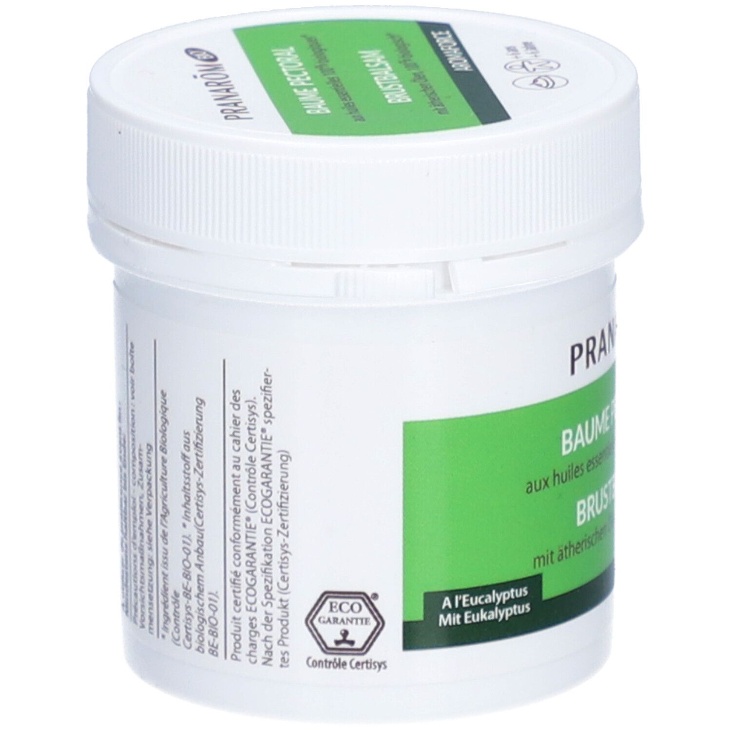 Weißer Tiegel mit grünem Etikett. Aufschrift: PRANAROM, BAUME PECTORAL, BRUSTBALSAM. Rückseite mit Text und Zertifizierung.