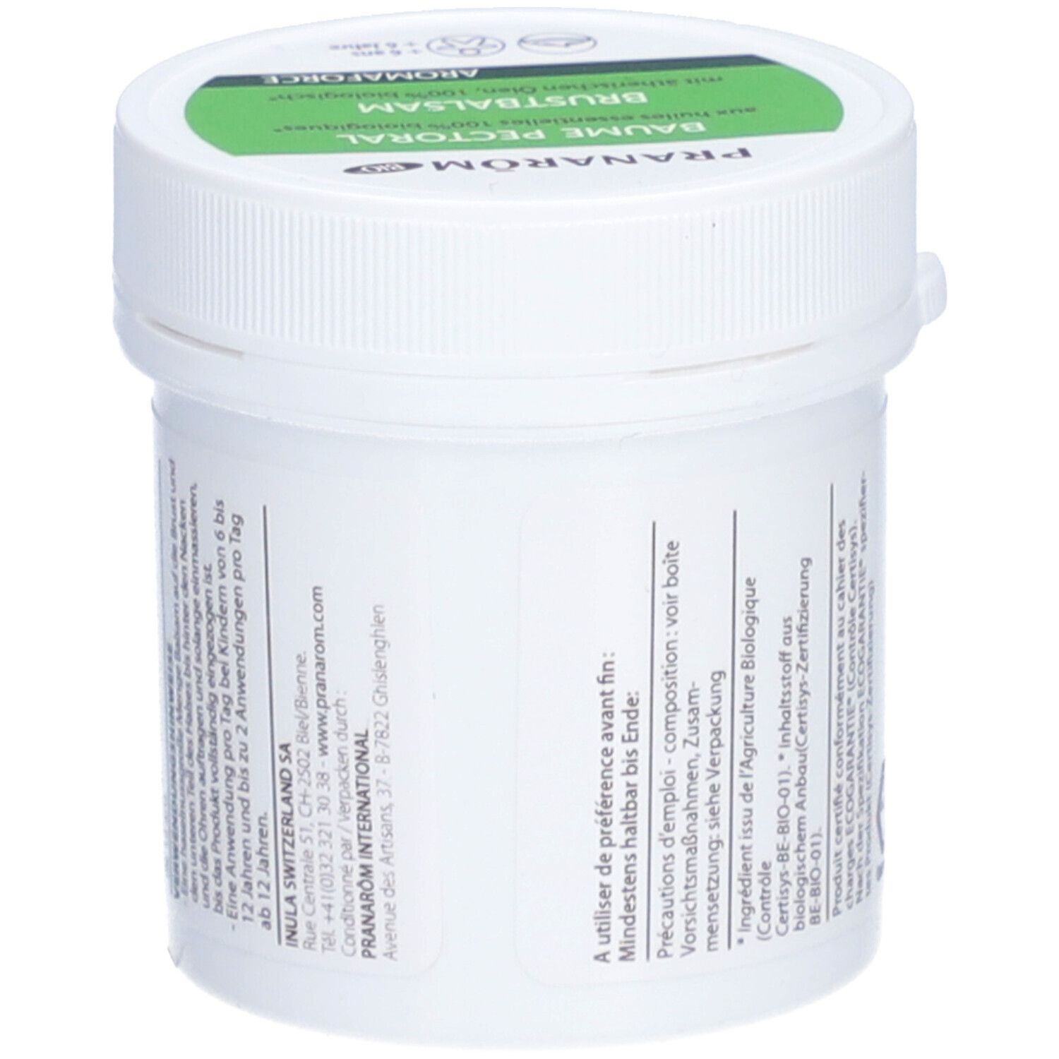 Weißer Tiegel mit grünem Etikett. Aufschrift: PRANAROM, BAUME PECTORAL, BRUSTBALSAM. Rückseite mit Text.
