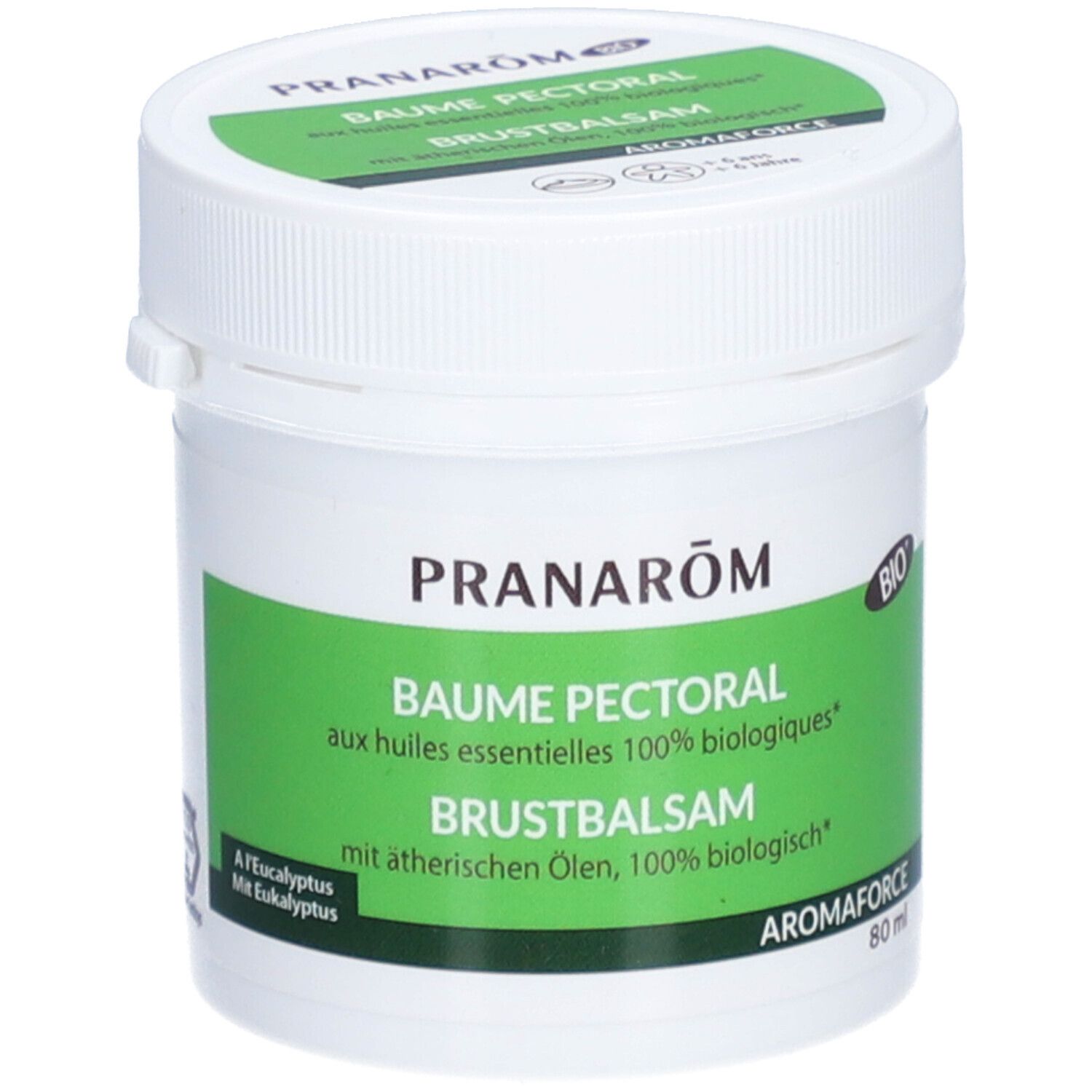Weißer Tiegel mit grünem Etikett. Aufschrift: PRANAROM, BAUME PECTORAL, BRUSTBALSAM, AROMAFORCE. BIO-Siegel.