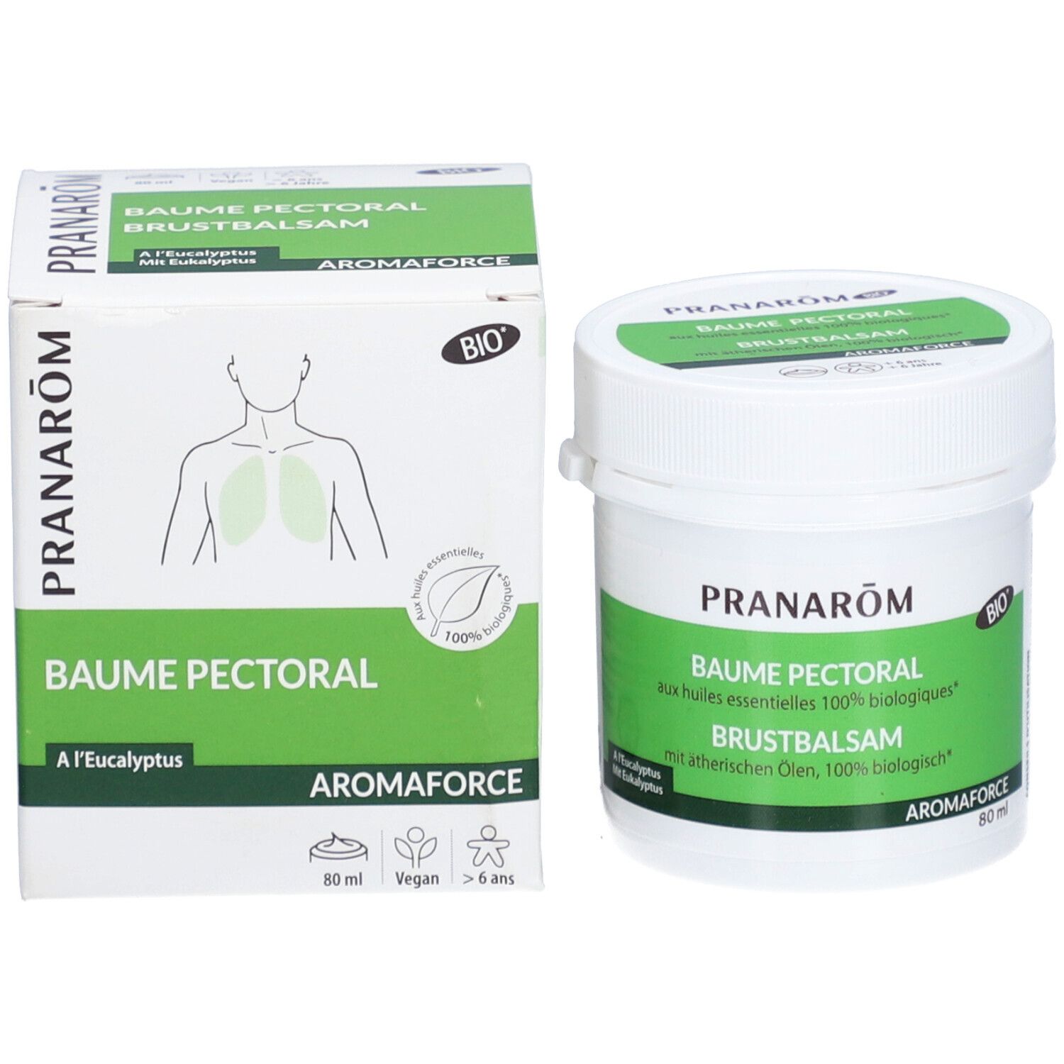 Produktverpackung und Tiegel. Verpackung mit Abbildung des Oberkörpers. Aufschrift: PRANAROM, BAUME PECTORAL, AROMAFORCE.