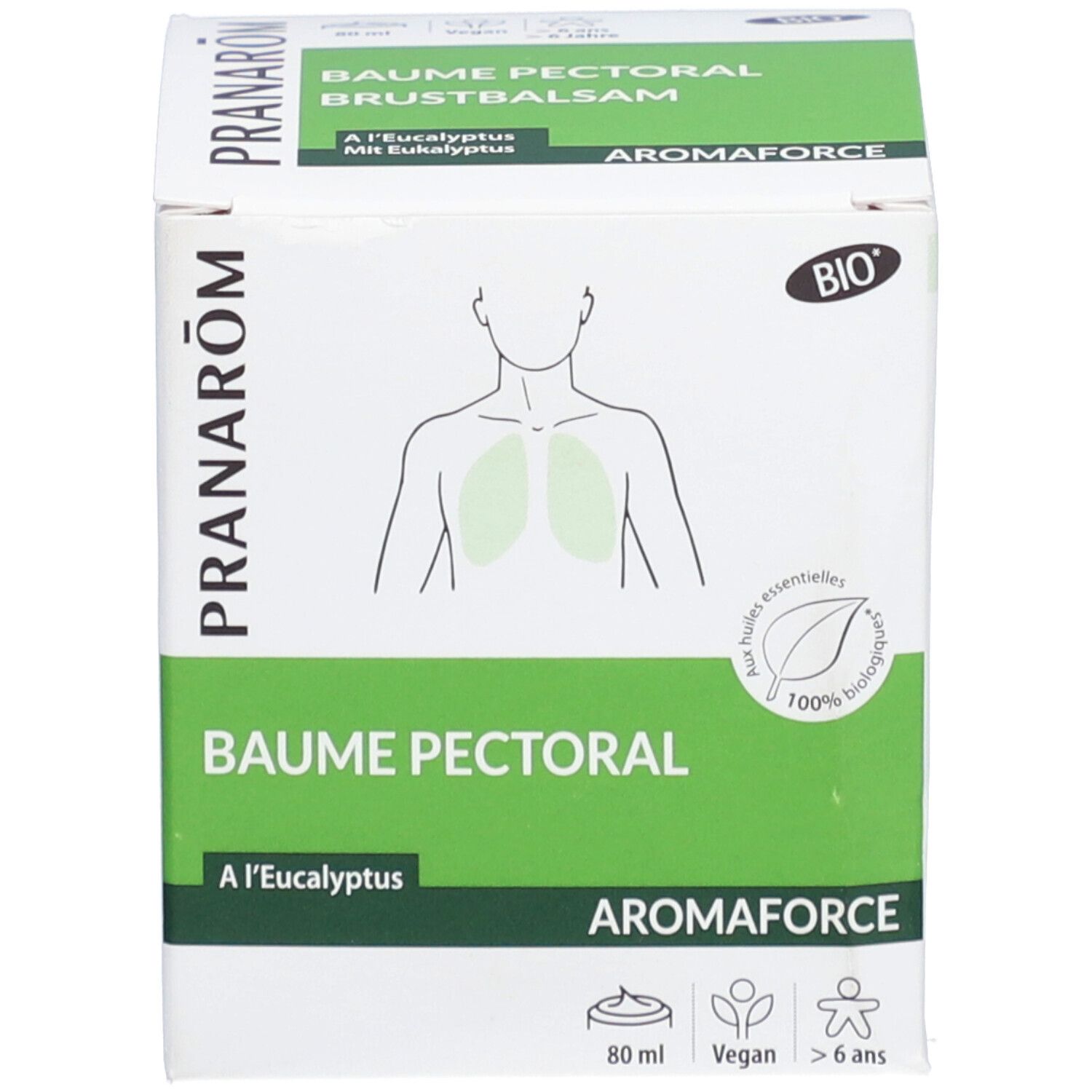 Produktverpackung. Abbildung des Oberkörpers. Aufschrift: PRANAROM, BAUME PECTORAL, AROMAFORCE. BIO-Siegel.
