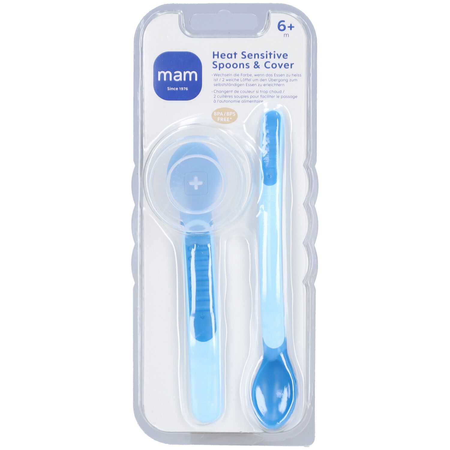 Emballage de deux cuillères bleues pour bébé et couvercle. Cuillères à bout thermosensible. Marque MAM.