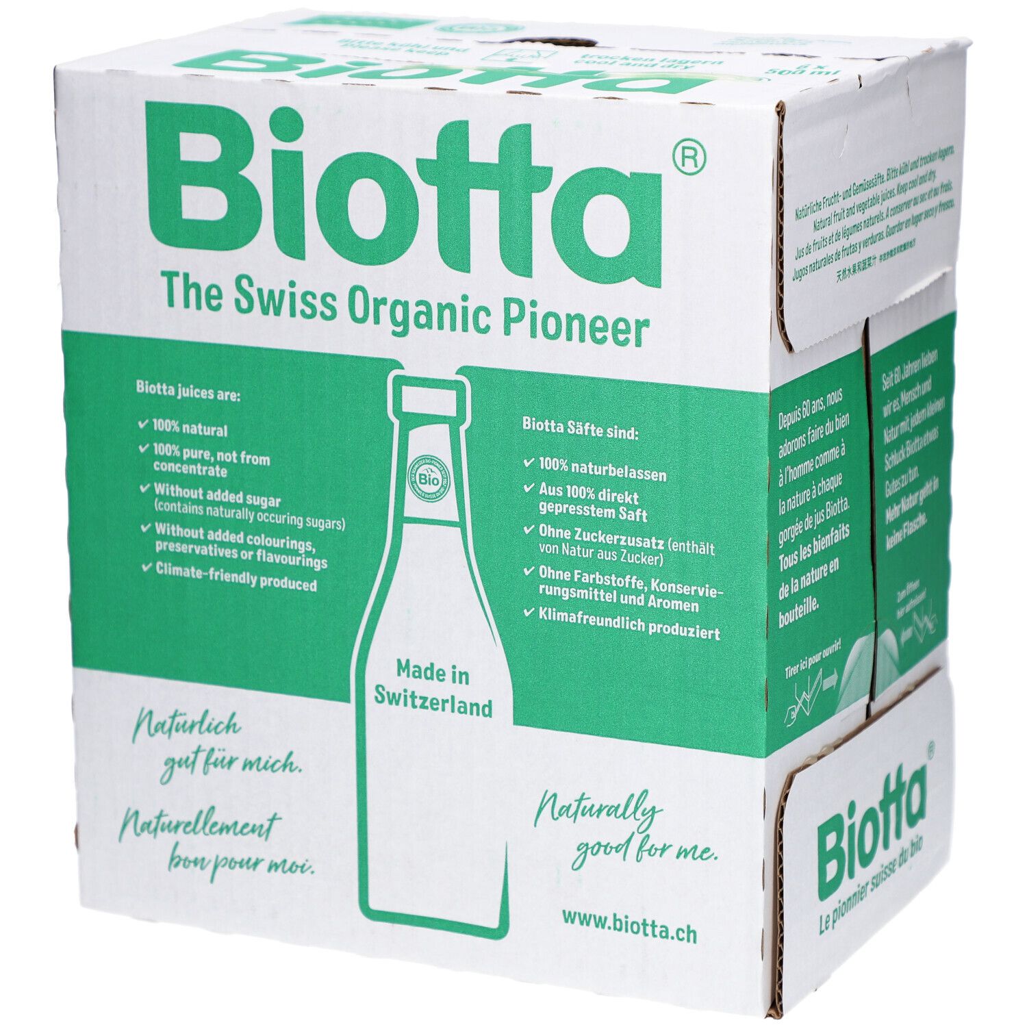 Karton mit BIOTTA-Logo und Produktinformationen. Grün-weiße Verpackung mit Text in Deutsch und Englisch. Flaschenabbildung.