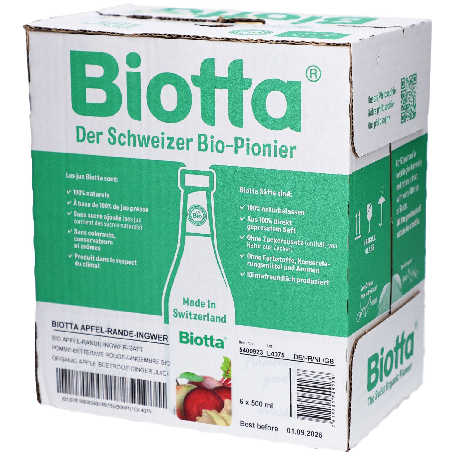 Karton mit BIOTTA-Logo und Produktinformationen. Grün-weiße Verpackung mit Text in Deutsch und Französisch. 6 Flaschen.