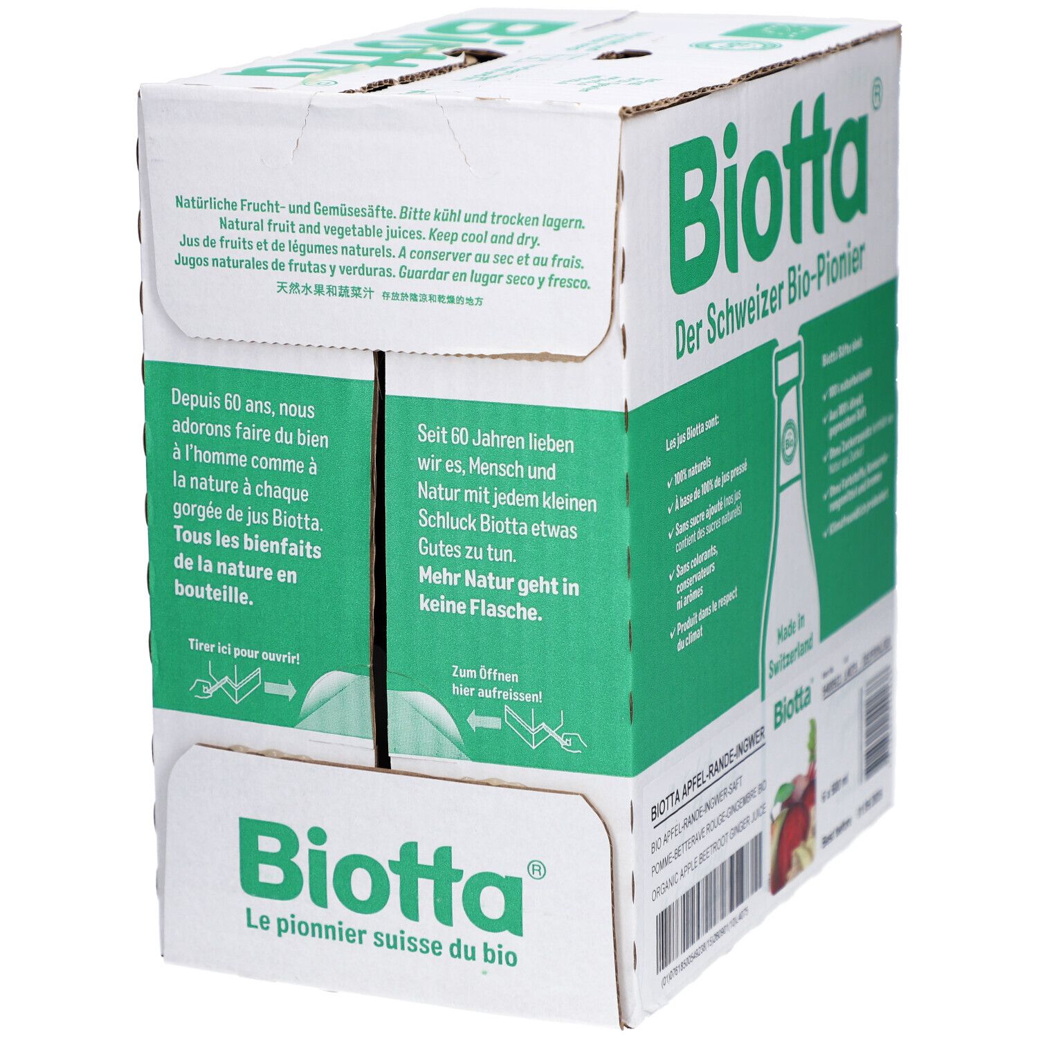 Karton mit BIOTTA-Logo und Text. Grün-weiße Verpackung mit Text in Deutsch und Französisch. Flaschenabbildung.
