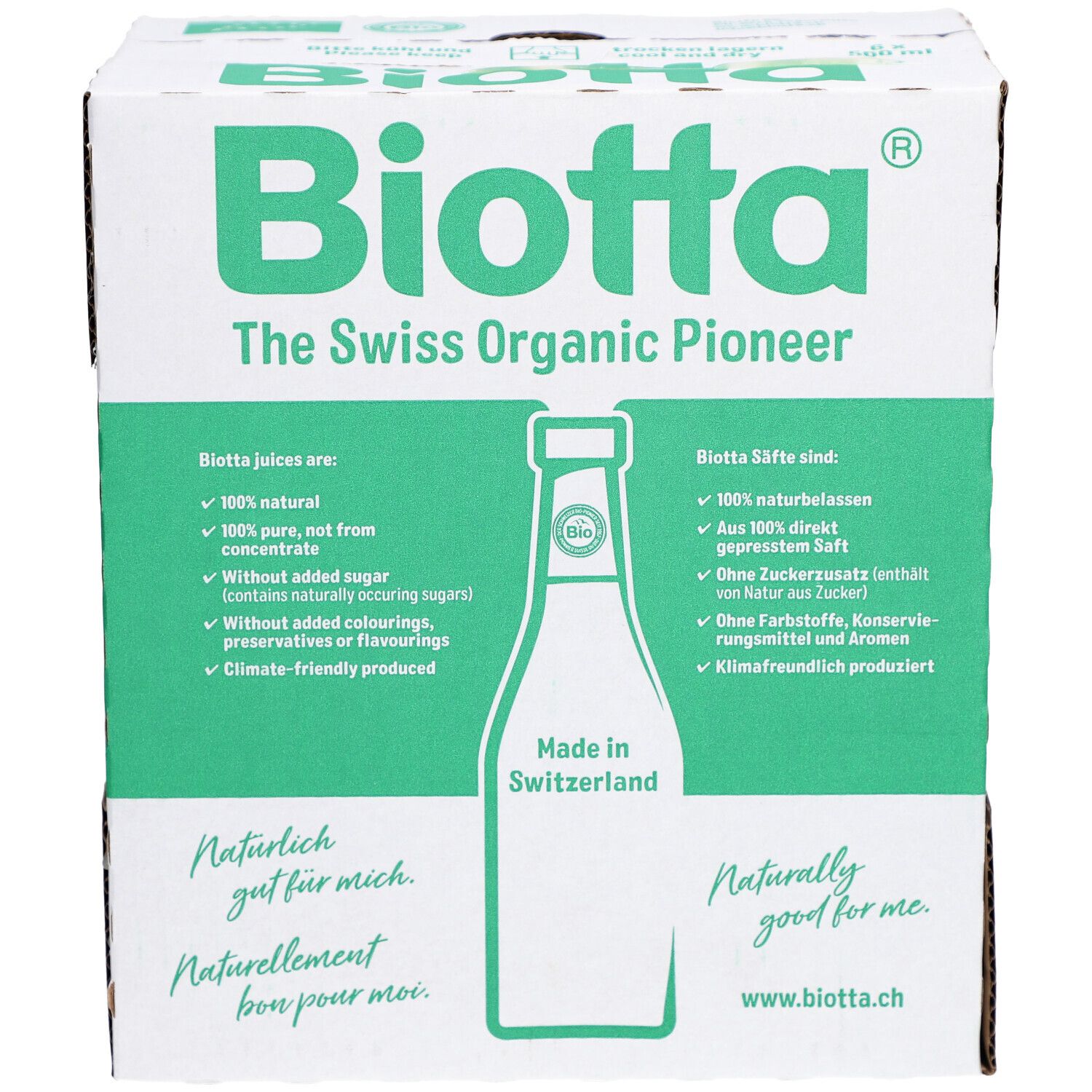 Karton mit BIOTTA-Logo und Produktinformationen. Grün-weiße Verpackung mit Text in Deutsch und Englisch. Flaschenabbildung.