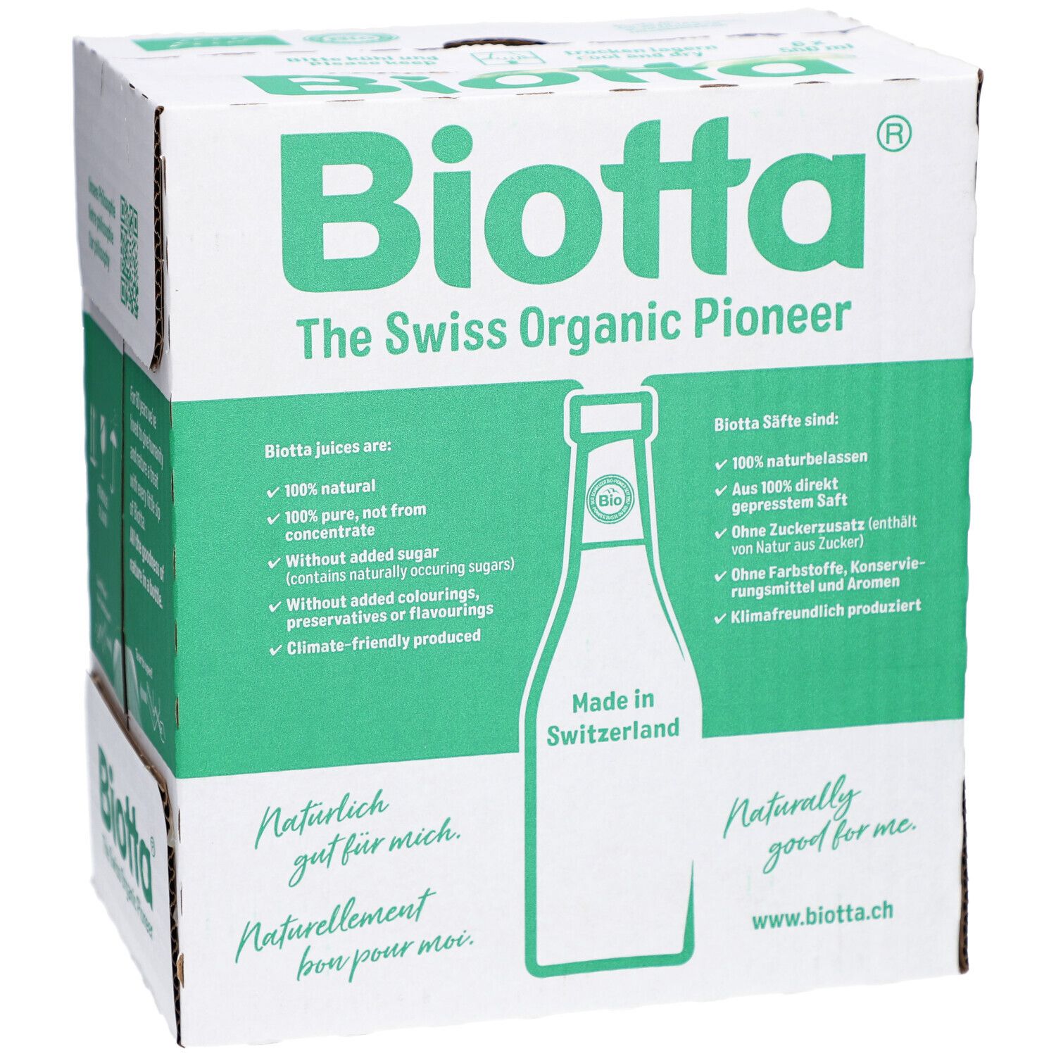 Karton mit BIOTTA-Logo und Produktinformationen. Grün-weiße Verpackung mit Text in Deutsch und Englisch. Flaschenabbildung.