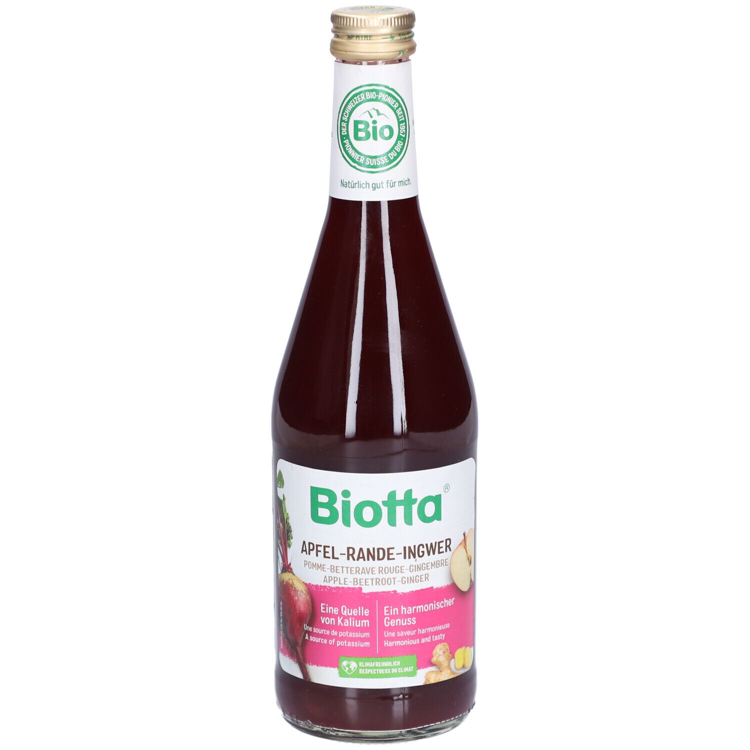 Glasflasche mit rotem Saft. Aufschrift: BIOTTA Apfel-Rande-Ingwer Bio. Bio-Siegel. Abbildung von Apfel, Rande und Ingwer.
