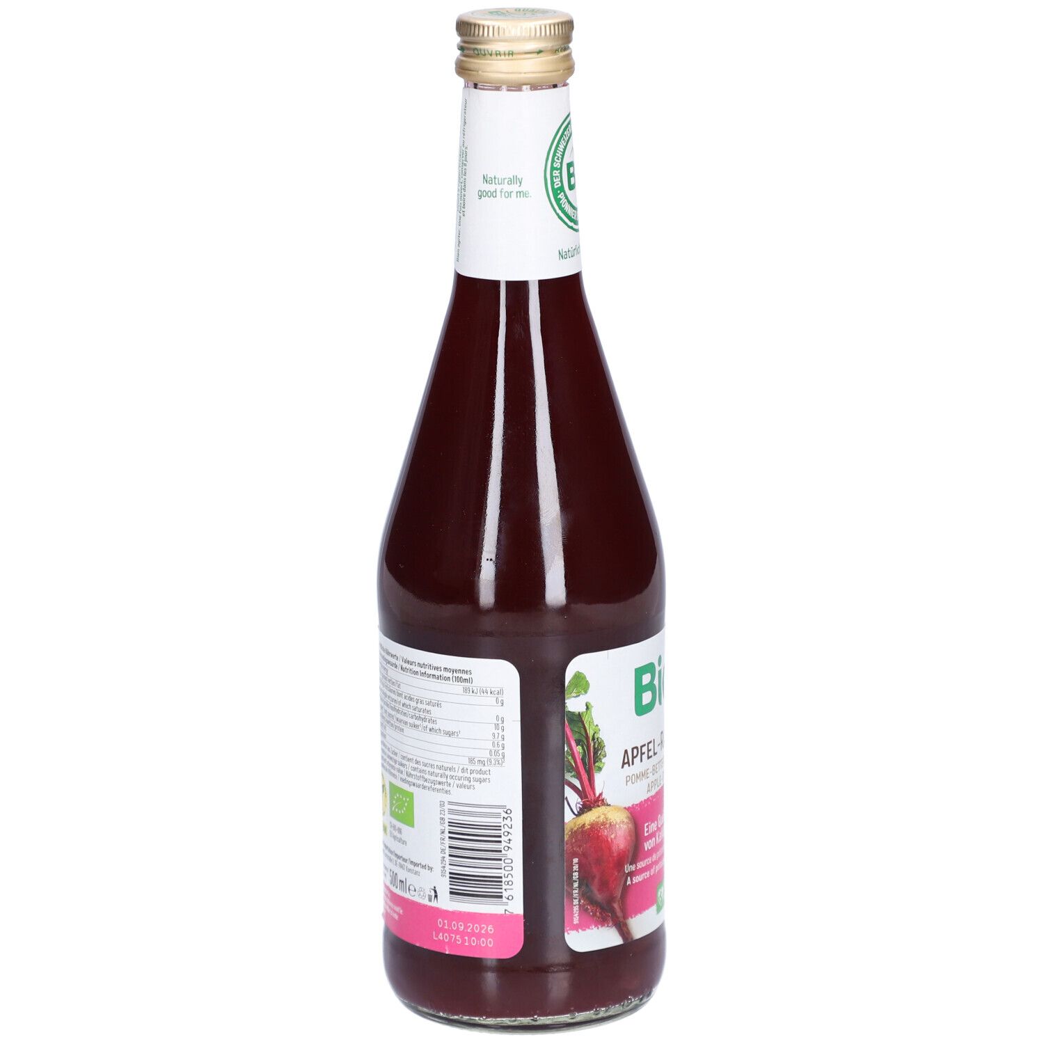 Rückansicht der Glasflasche mit rotem Saft. Etikett mit Nährwertangaben und Bio-Siegel. Barcode.