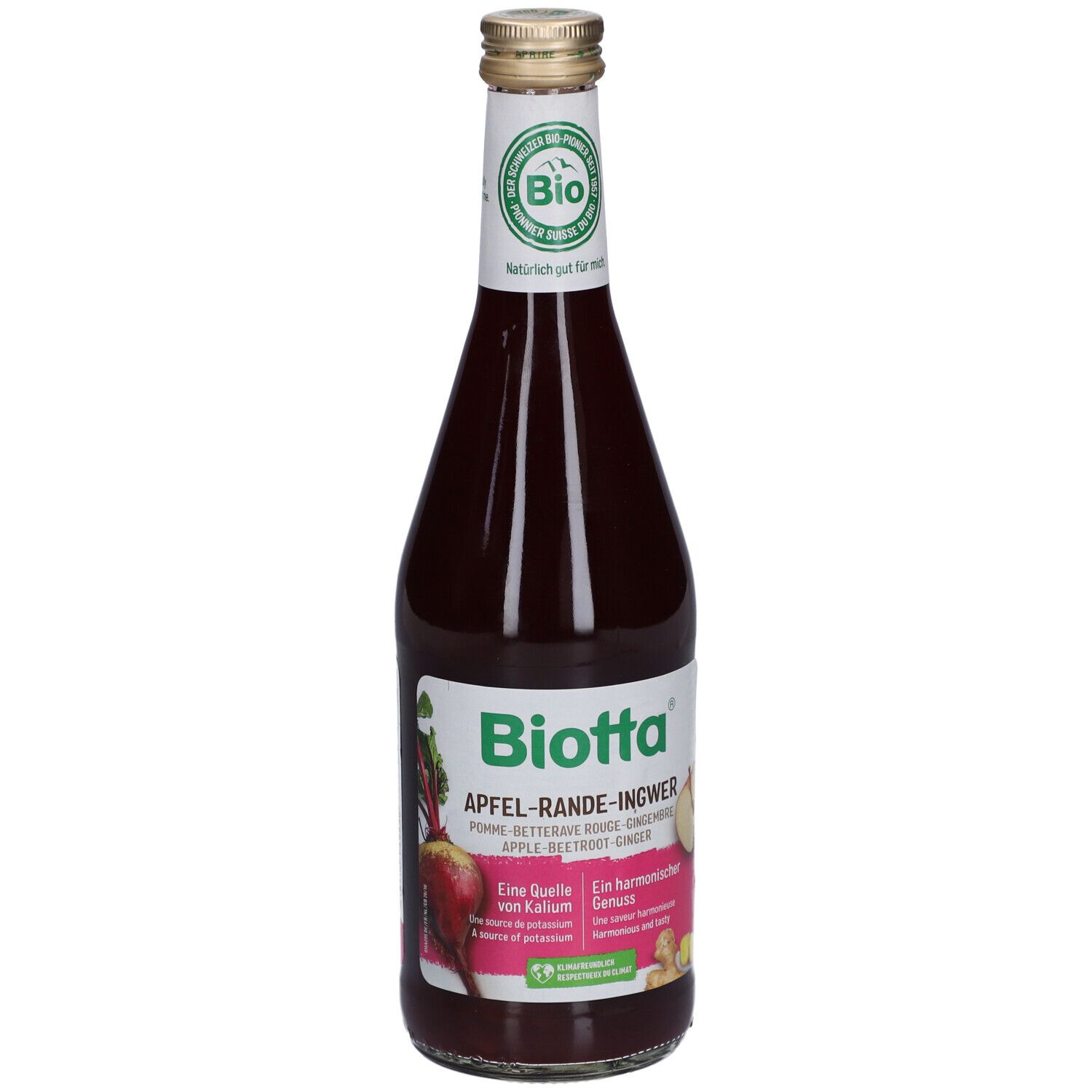 Glasflasche mit rotem Saft. Aufschrift: BIOTTA Apfel-Rande-Ingwer Bio. Bio-Siegel. Abbildung von Apfel, Rande und Ingwer.