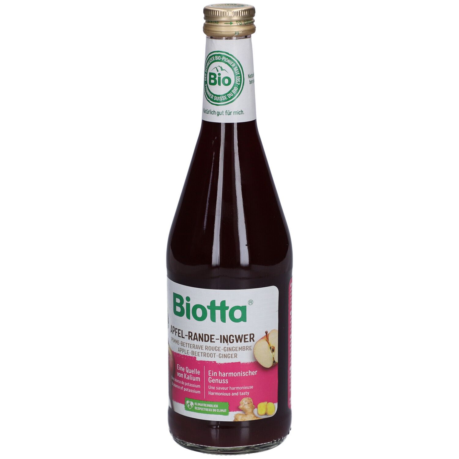 Glasflasche mit rotem Saft. Aufschrift: BIOTTA Apfel-Rande-Ingwer Bio. Bio-Siegel. Abbildung von Apfel, Rande und Ingwer.