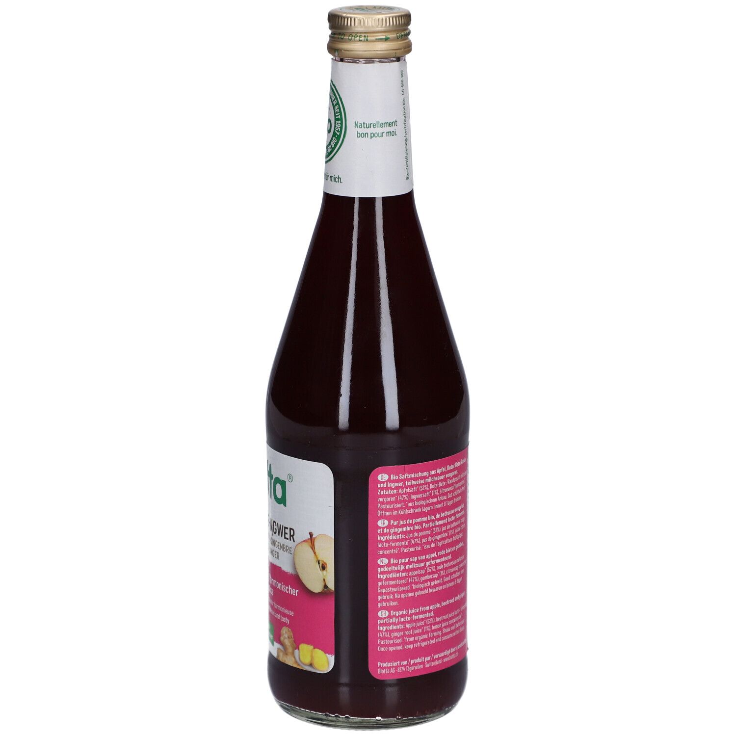 Rückansicht der Glasflasche mit rotem Saft. Etikett mit Nährwertangaben und Bio-Siegel. Vegan-Siegel.