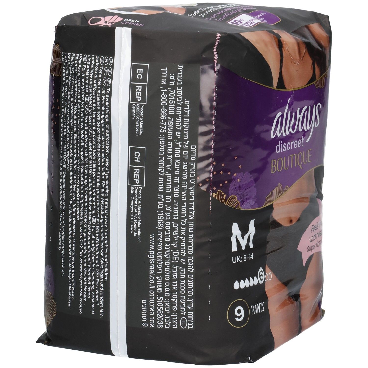 Côté de l'emballage Always Discreet Boutique M culottes. Avec informations produit en plusieurs langues.