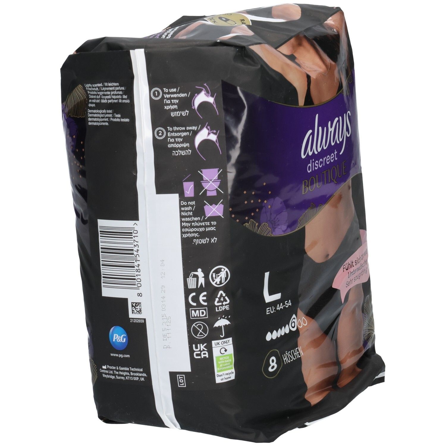 Rückseite der Verpackung: Always Discreet Boutique Höschen, Gr. L, 8 Stück, schwarz.