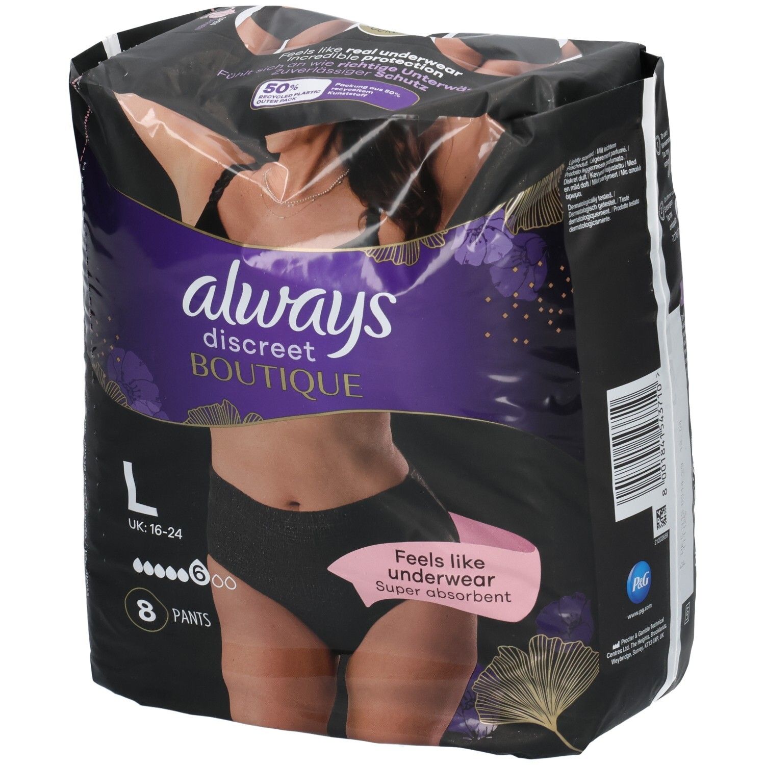Always Discreet Boutique Höschen, Gr. L, 8 Stück, schwarz. Größe UK 16-24.
