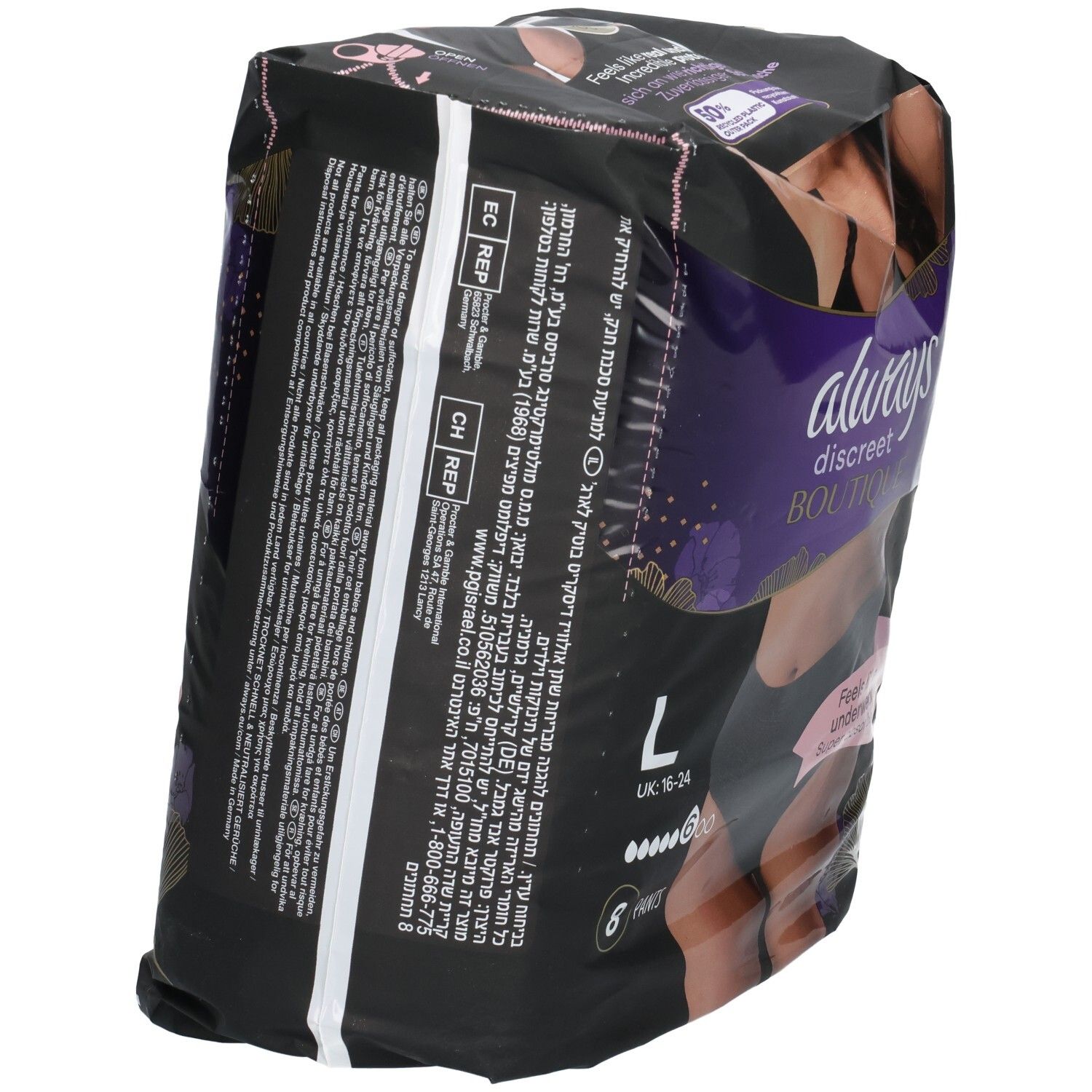 Verpackung: Always Discreet Boutique Höschen, Gr. L, 8 Stück, schwarz. Mit hebräischen Texten.