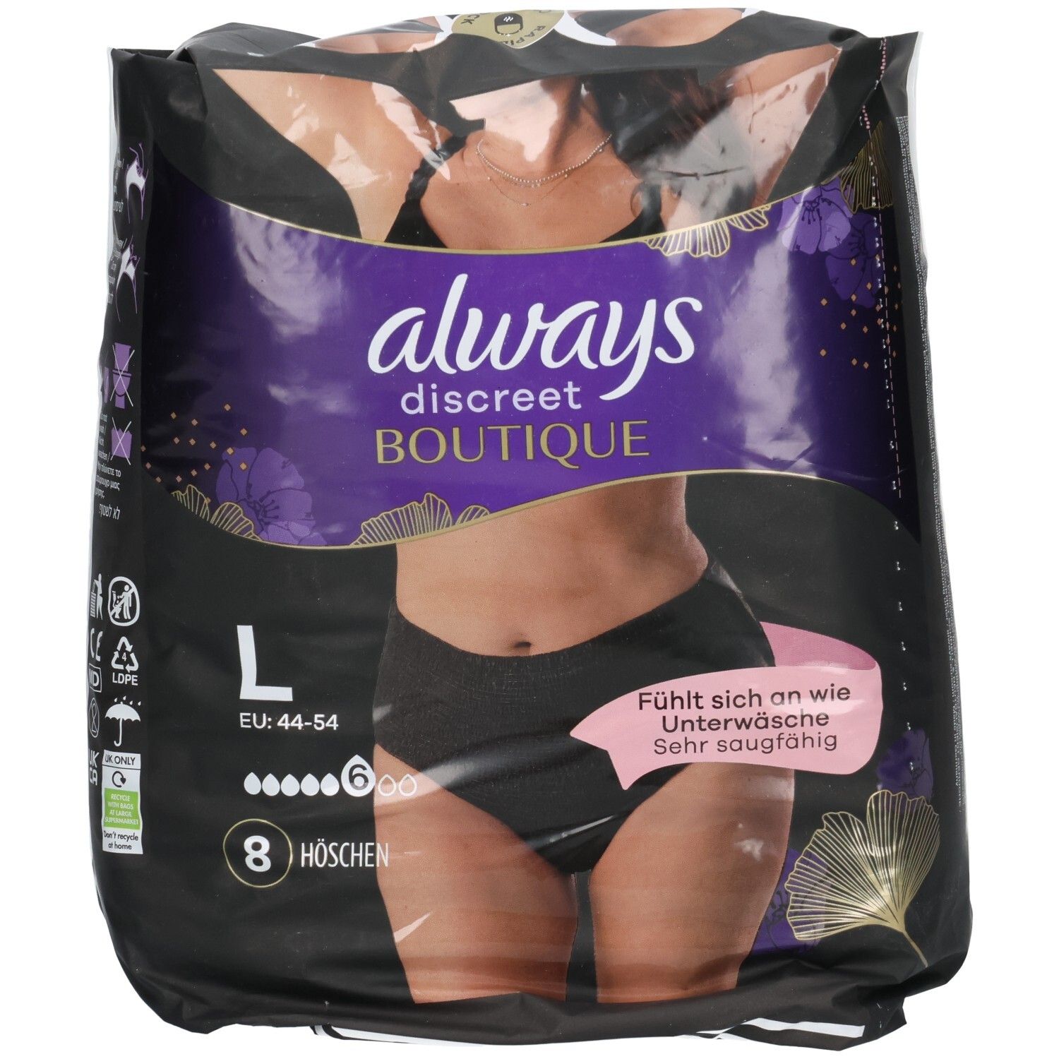Always Discreet Boutique Höschen, Gr. L, 8 Stück, schwarz. Mit floralem Muster.