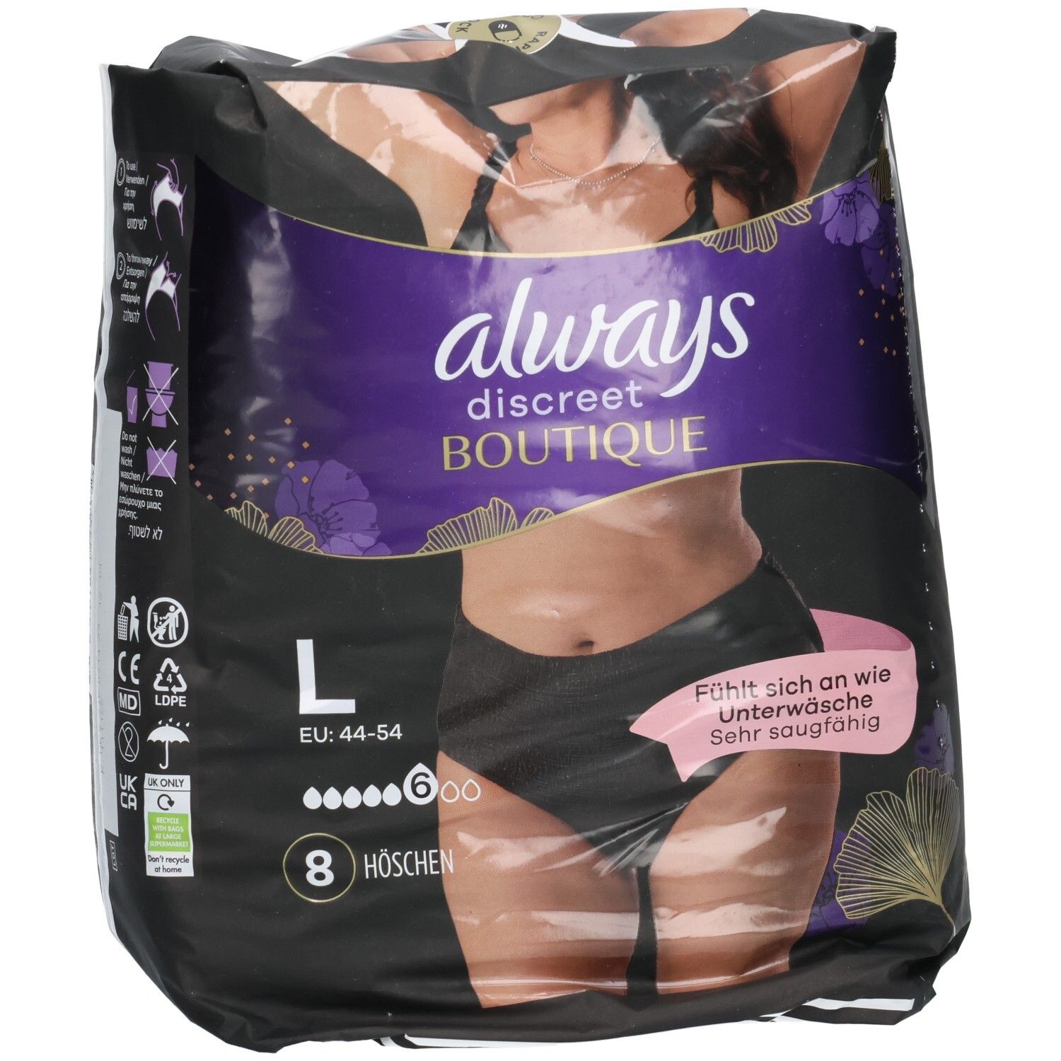 Vorderseite der Verpackung: Always Discreet Boutique Höschen, Gr. L, 8 Stück, schwarz.