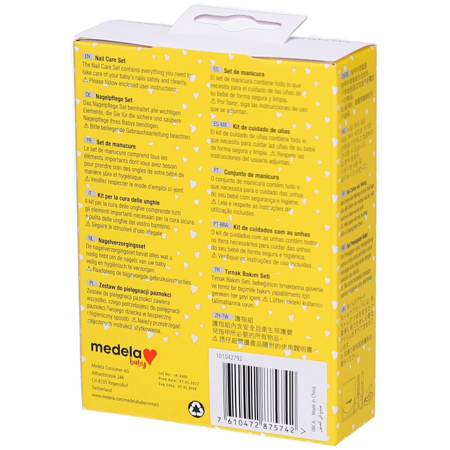 Dos de l'emballage jaune. Inscription : Medela baby, Set de manucure. Texte en plusieurs langues.